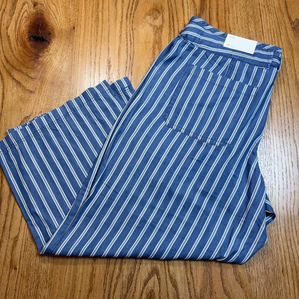 American Eagle High Rise Pants Womens 20 Short Blue White Striped Wide Leg NWT